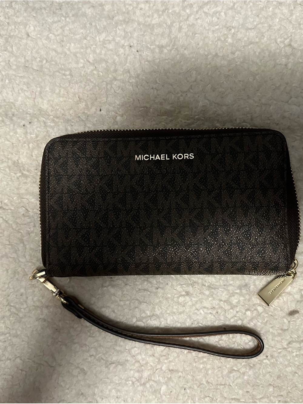 Michael Kors Dark Brown MK Logo Zip Wristlet with Gold Hardware